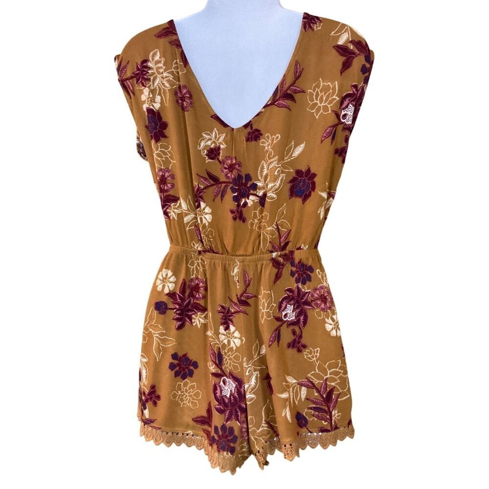 Mason & Belle Brown Floral Sleeveless V-Neck Cutout Tie Elastic Waist Romper Sm - Picture 5 of 10